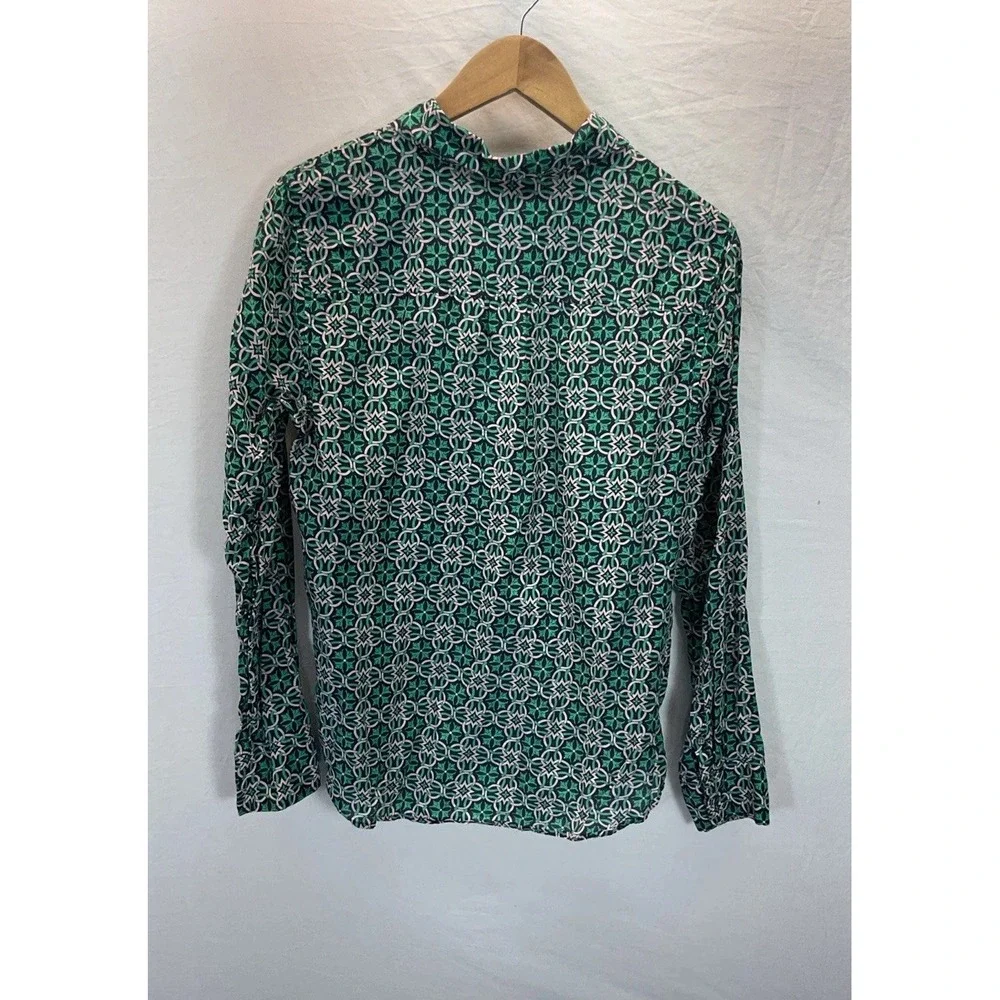J. Crew Womens Top Size 12 Green Blue Printed Tunic Shirt Long‎ Sleeve Silk Blnd
